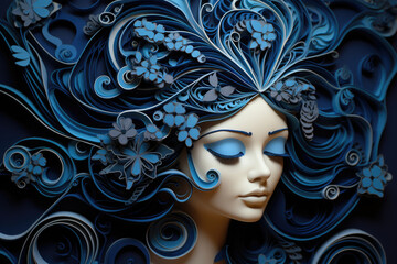 Portrait of a woman with luxurious hair in blue paper quilling style