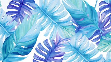 Abstract Background of illustrated Tropical Leaves. Exotic Wallpaper in sky blue Colors