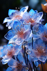 Fototapeta premium Glistening Dew on Glass Flowers: A Radiant Bouquet in the Dark,Fantasy Transparent Flower, Concept Dream Flower 3D Rendering