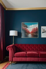 dark red contemporary style interior living room with a modern pink tufted sofa, a brass lamp and a blue velvet carpet