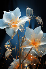 Glistening Dew on Glass Flowers: A Radiant Bouquet in the Dark,Fantasy Transparent Flower, Concept Dream Flower 3D Rendering