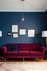 dark red contemporary style interior living room with a modern pink tufted sofa, a brass lamp and a blue velvet carpet