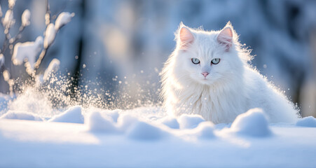 Beautiful white fluffy turkish angora cat on snow background
 - Powered by Adobe