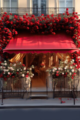 Blossoming Storefront: A Charming Display of Floral Elegance,building in the city,flowers on a street