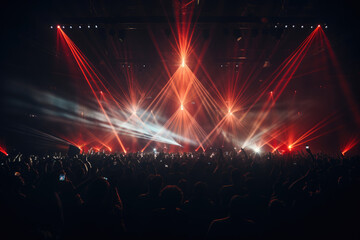 concert crowd in front of bright stage in the rays of spotlights and lasers