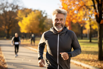 Obraz premium Smiling man in sportswear jogging in the park