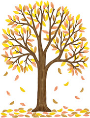 Autumn tree with falling leaves. Cute childish and fairytale picture book style. Hand drawn illustration isolated on white background. Watercolor, oil, pastel, crayons, oil pastel and chalk painting.