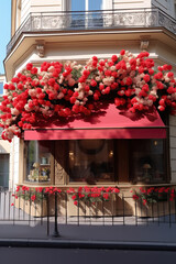 Naklejka premium Blossoming Storefront: A Charming Display of Floral Elegance,building in the city,flowers on a street