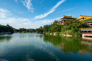 Fototapeta premium Palace on Lake, Beautiful Penglai San Xian Mountain, Shandong, China