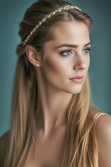 Young woman thinking while looking away in a studio photo shoot, blurred background, model in focus. Cosmetics and beauty photography.