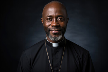 Portrait of a smiling African American Catholic priest in robes - obrazy, fototapety, plakaty