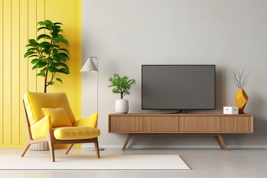 A modern, neutral-colored living room centers around a striking yellow armchair. The clean aesthetic is complemented by a wooden TV stand, while a textured wall with a hidden light

