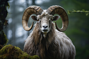 male bighorn sheep ram in green forest