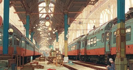 Tracks of Urbanity: Anime-style Illustration of a Lively Station, Generative AI