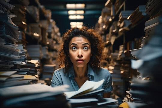Tired woman office worker among huge stacks of documents, project deadline concept
