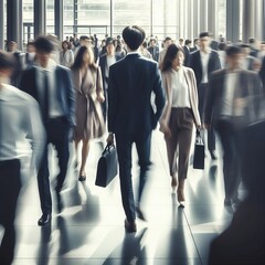 Crowd of blurred business people walking in a modern entrance creative with Generative AI 