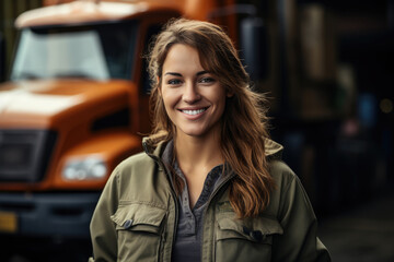 Obraz premium Young beautiful woman truck driver in front of her car