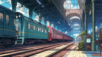 Tracks of Life: Anime-style Illustration of a Lively Train Station, Generative AI