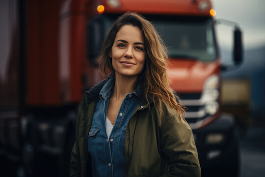 Young smiling woman driver on the background of a truck