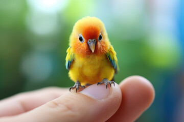 Obraz premium Tiny miniature colored parrot on hand