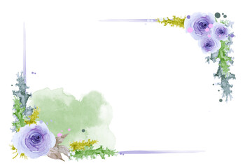 Two corner frame of beautiful purple roses, leaves, colorful watercolor splashes and green fog on a white background. Hand drawn watercolor. Copy space.