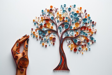 Paper hand makes a tree from paper in quilling style, concept of ecology, environment