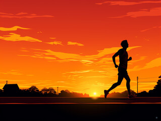 Silhouette illustration of a jogging or marathon runner running in the evening or morning.