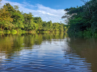 Fototapeta na wymiar Canoe tour, going down amazon river in Peru