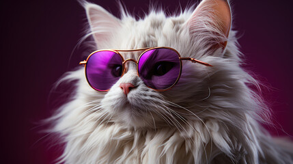 White cat wearing purple sunglasses on purple background