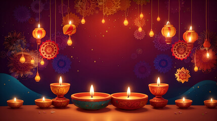 Happy Diwali Celebration Background decorated with candle, lamp, and diyas. Hindu Festival Deepawali Greeting Cards banner template
