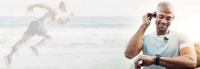 Man, watch and fitness tracker on banner in running, exercise or monitoring outdoor training. Male person checking wristwatch for workout performance with overlay in sports double exposure or mockup