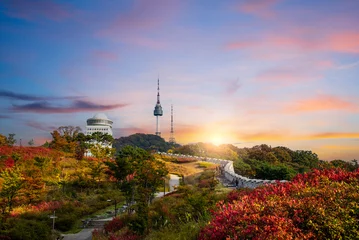 Fotobehang Seoel Autumn in Seoul, South Korea, on Namsan Mountain and sunrise sky