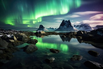 Northern Lights Reflecting on a Still Arctic Lake - Mirrored Beauty - AI Generated