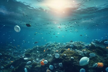 Fototapeta na wymiar Concept depicting ocean plastic pollution, problem of plastic and microplastic on water. Generative AI