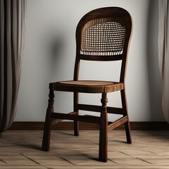a vintage wooden chair on a wooden floor against  white wall 