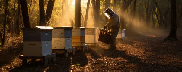 Poster beekeeper working with many bee hives in garden. Beekeepers concept. © Michal