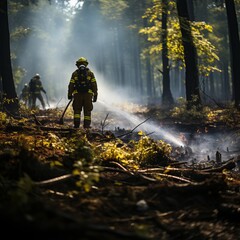 Naklejka premium A professional firefighter extinguishes the flame. A burning forest and a man in a firefighter's uniform, rear view. Concept: Fire has engulfed nature, danger of arson.