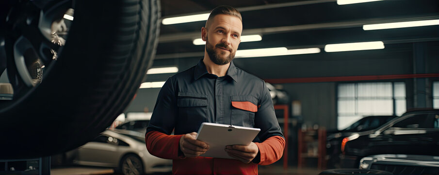Car mechanic checking clipboard. Automotive man specialist adjusting an engine in garage.