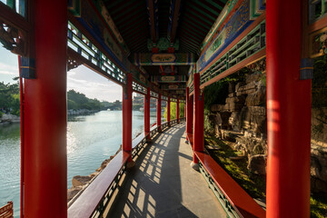 Ancient architectural corridors and palaces on the lake