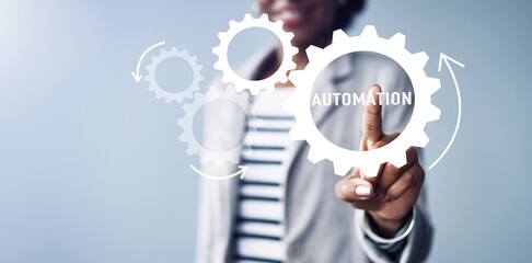 Gear icon, automation hologram and woman hand touch for digital setting for help and information...