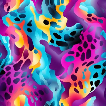 Seamless psychedelic rainbow 80s leopard print animal skin pattern background texture. Trippy abstract dopamine fashion motif. Bright colorful neon pink, blue and yellow wallpaper. Generative AI