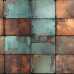 Seamless oxidized copper patina sheet metal wall panel grunge background texture. Vintage antique weathered and worn rusted bronze or brass abstract pattern. Generative AI - obrazy, fototapety, plakaty