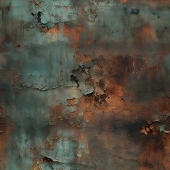 Seamless old worn grungy dark rusted and corroded copper metal patina background texture. Tileable steampunk wallpaper pattern or vintage antique bronze backdrop. Generative AI