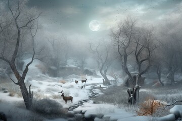 Enchanting winter scene filled with magical creatures and a sense of mystery. Generative AI