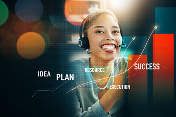 Happy woman, call center and trading for advice on investment, planning or profit on overlay at office. Female person, broker or financial advisor smile with headphones for stock market help or plan