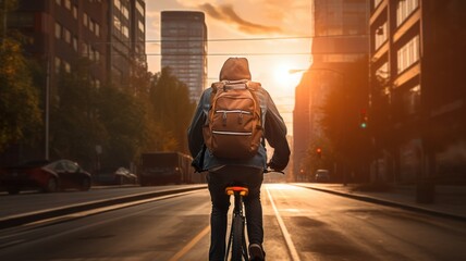 A man cycling through a bustling city street