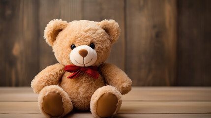 Teddy bear on a wooden background with copy space. AI