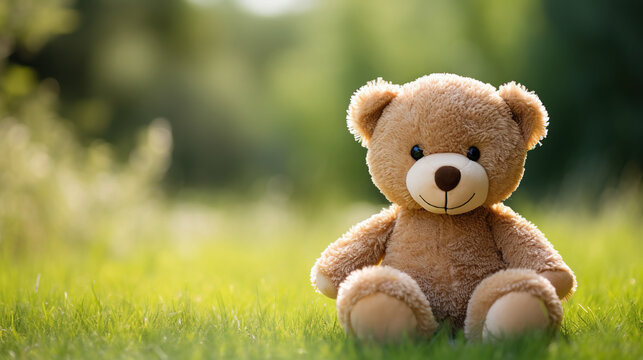 Teddy bear sitting on grass. AI
