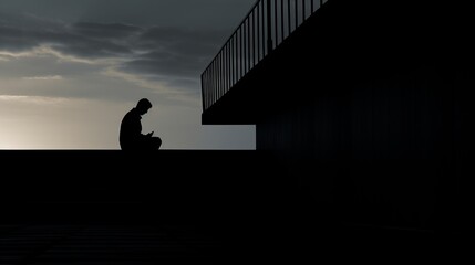 Fototapeta premium The silhouette of a man, seated on a residential building walkway with head in hands, conveys a poignant image of sadness and loneliness. 