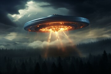 UFO flying saucer, mysterious aliens. Generative AI